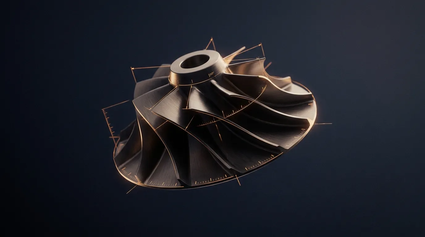 Precision turbine component traced by glowing orange measurement lines.