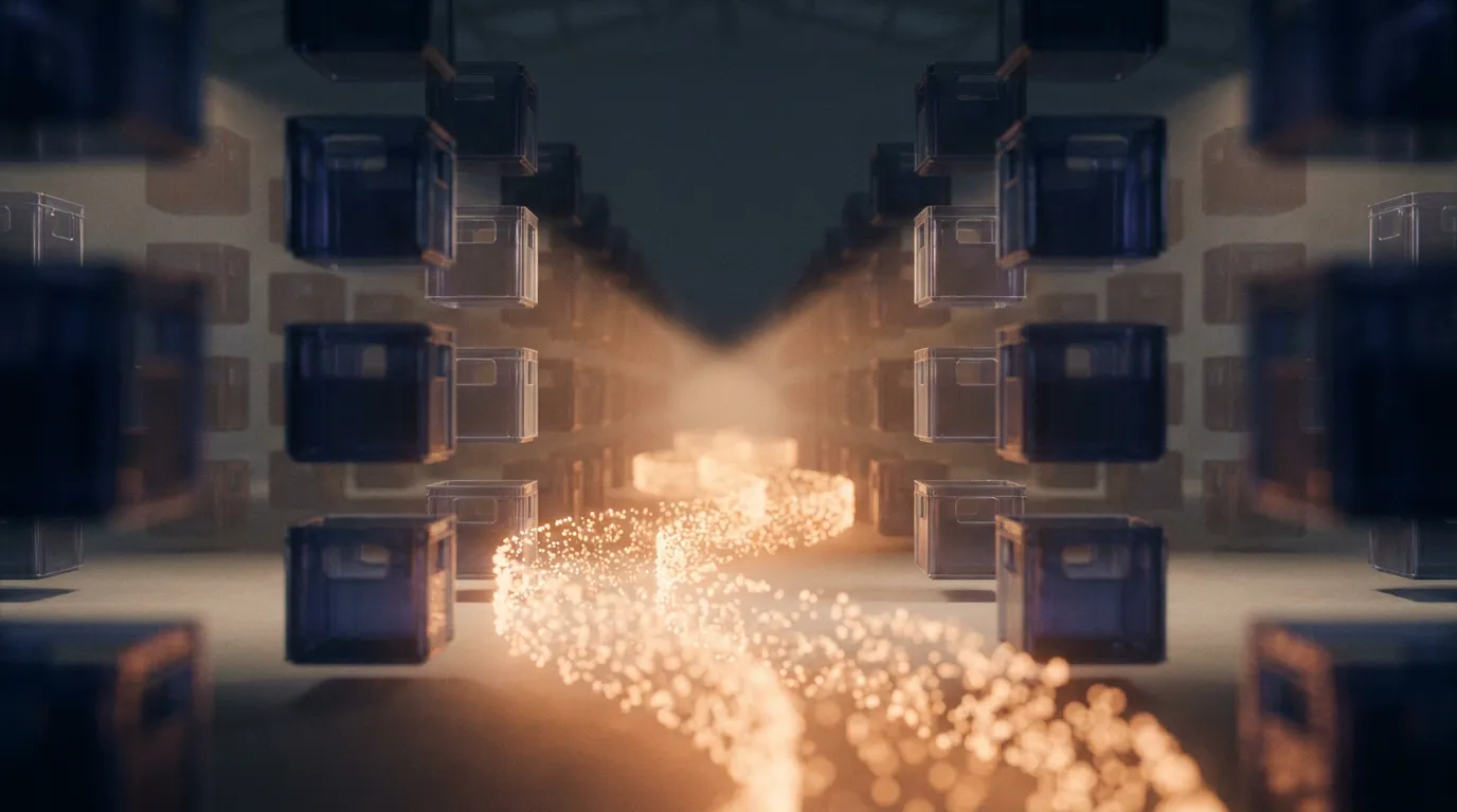 A river of warm light flowing between orderly rows of translucent crates.