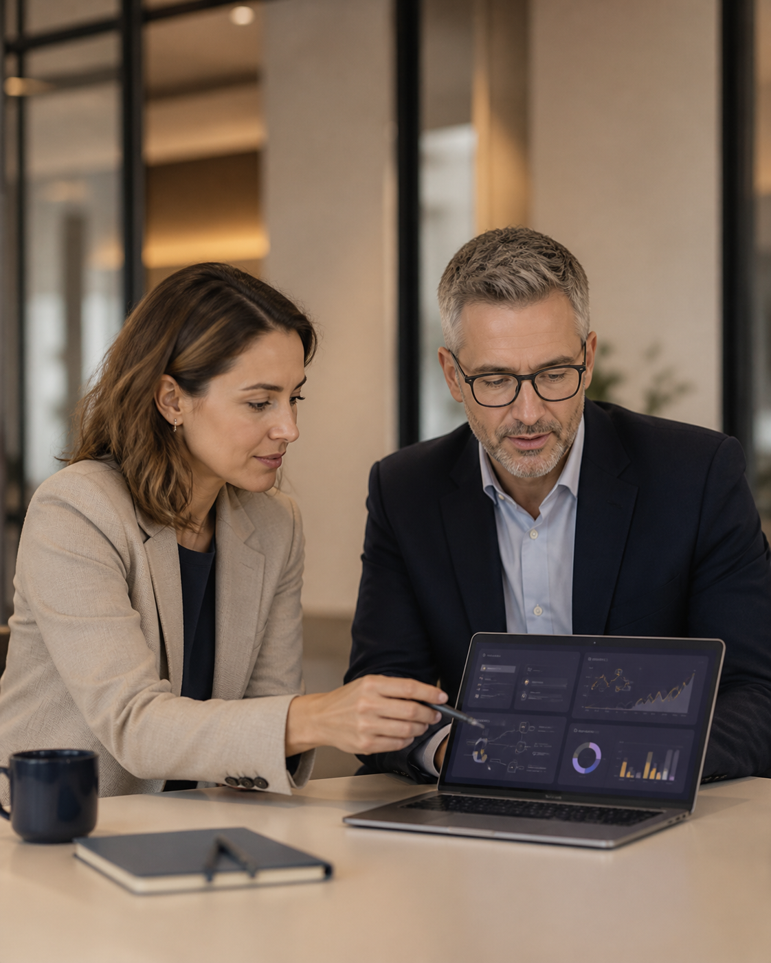 Two Integritas advisors reviewing a client analytics dashboard on a laptop
